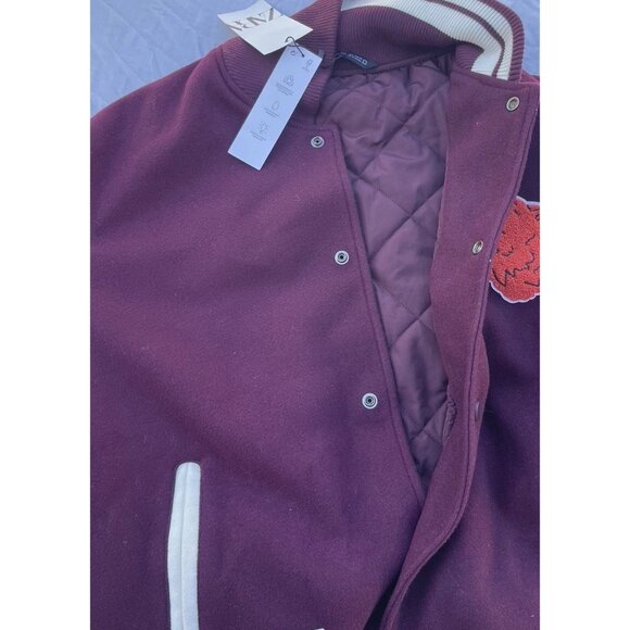 Zara Letterman Jacket Burgundy White Cream Wolf Men’s Jacket Sz Large NWT - Picture 15 of 16